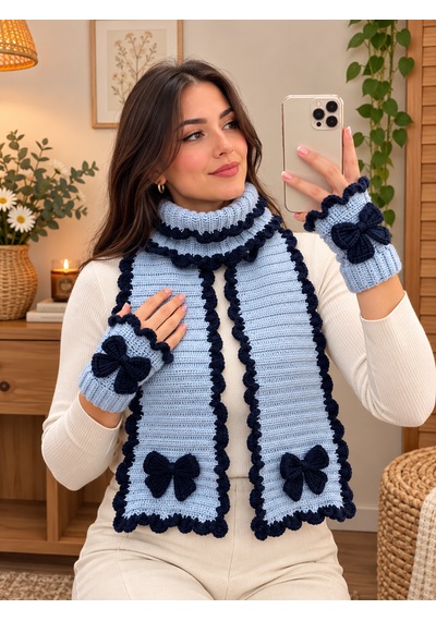 El Örgüsü Pinterest Model Fırfırlı Fiyonklu Kadın Atkı Eldiven Seti Mavi