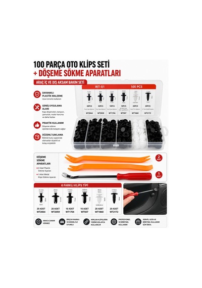 100 Parça Oto Klips Seti + Kapı Döşeme Sökme Aparat Seti Plastik Trim Sökme Ve Klips Takımı - 896995330