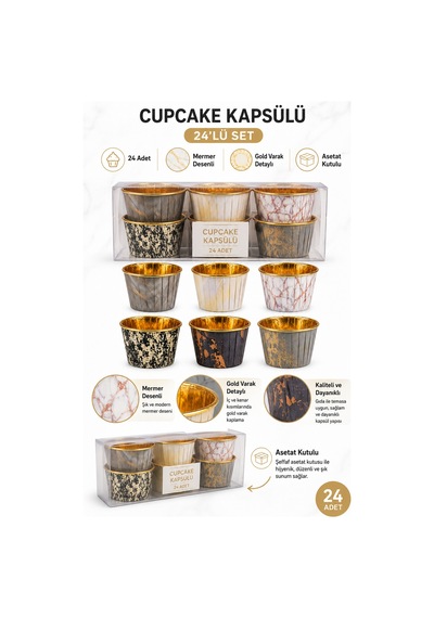 Cupcake Kapsülü 24'lü Mermer Desenli Gold Varaklı Asetat Kutulu Kek Ve Muffin Pişirme Kapsülü