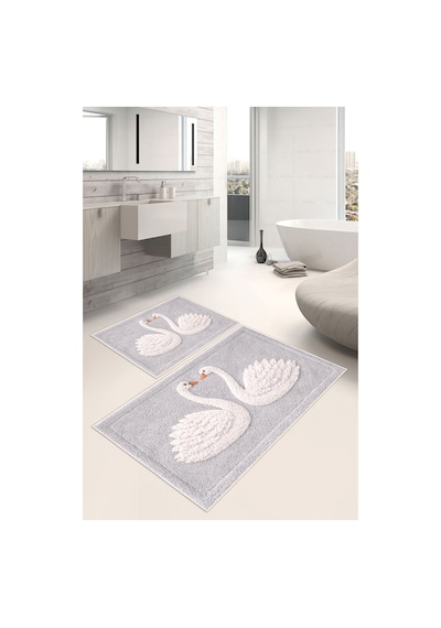 Kuğu Desenli Dijital Baskılı Yıkanabilir 2li Banyo Paspası 50x60-60x100 Gri