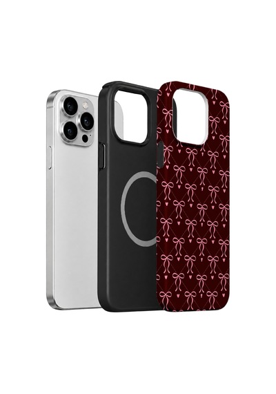 Velvoria Valestra Burgundy Bow Grid Apple iPhone Uyumlu 14 Pro Magsafe Koruma Kılıfı Valestra Magline - Burgundy Bow Grid