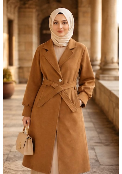 Esra Butik78 Kadın Camel Kuşaklı Uzun Kaban Hakim Yaka, Cepli, Kışlık Şık Tesettür Mont Kahverengi Esra Butik78 Kadın Camel Kuşaklı Uzun Kaban Hakim Yaka, Cepli, Kışlık Şık Tesettür Mont Kahverengi