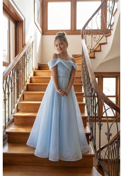 Butikhappykids Kız Çocuk Askılı Düşük Omuz Detaylı Şifon Zarif Ve Şık Tasarım Prenses Model Uzun Abiye Elbise 8-15 Yaş Bebe Mavi