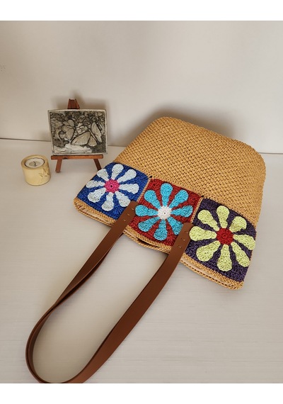 Fikriharika Design El Yapımı Papatya Motifli Kağıt İp Omuz Çantası Açık Camel - Çok Renkli