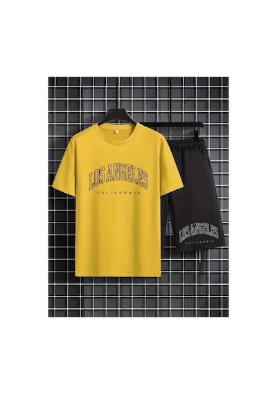 Erkek Sarı''los Angeles Baskılı'' Basic Oversize T-shirt- Şort Takım Strup0000000000015