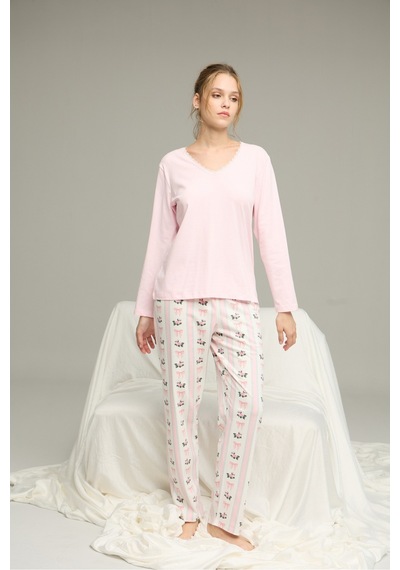 Siyah İnci Örme Pamuklu Pijama Takım25240259 Pembe
