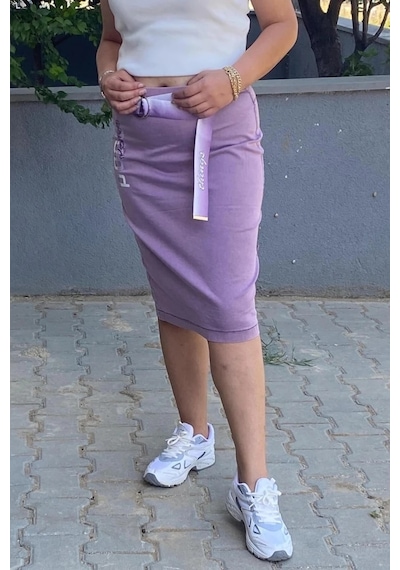 Mia Butik Büyük Beden Lila Tasarım Kot Etek Lila
