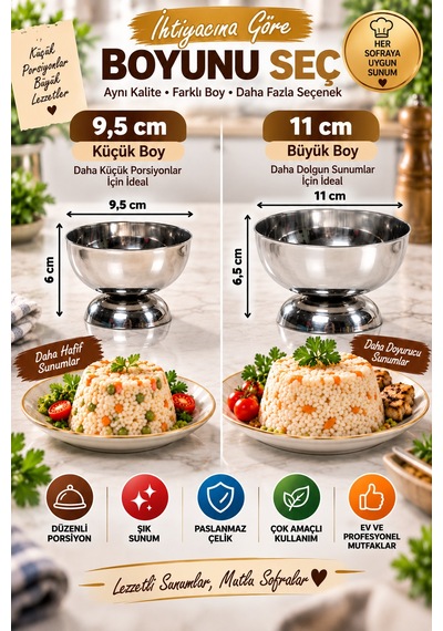 2'li Set - Paslanmaz Çelik Pilav Ve Helva Kalıbı 9,5 Cm 11 Cm Yuvarlak Sunum Porsiyonlama Kalıbı Gümüş