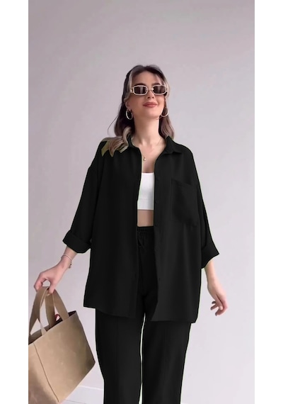 Barbora Keten Günlük 2'li Takım Pantolon Gömlek Ln21siyah16 001
