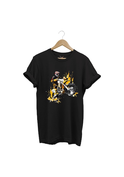 Motorcu Cross Motosiklet Baskılı Ön Kaldıran Motorcu %100 Pamuk Regular Fit Bisiklet Yaka T-shirt Siyah