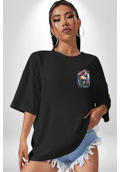 Deniz Kızı Çiçek Siyah Oversize Unisex Ön Sol Yan Minimal Baskılı Tişört Koyu Siyah