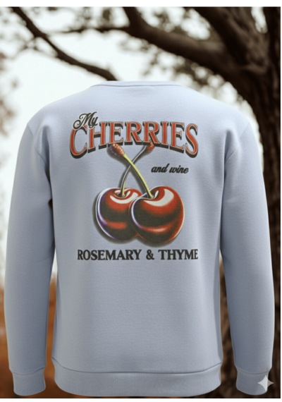 Feydi Unisex İçi Polarlı Kapüşonlu Sweatshirt Cherries Baskılı Açık Mavi