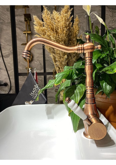 İsaoğlu Yapı Mat Bakır Zen Design Rustik Mutfak Bataryası Bakır Evye Musluğu Eskitme Rustik Batarya Bakır