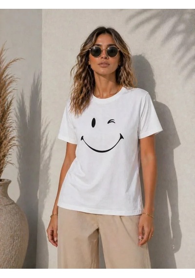 Efnaz Style Minimal Gülümseyen Yüz Baskılı Tişört Kısa Kol Yazlık T-shirt - Beyaz