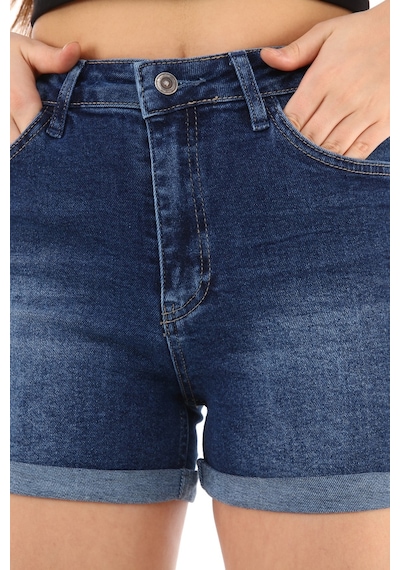 Cedy Denim Kadın Yüksek Bel Duble Paça Kot Şort Klasik Mini Jean Şort C604 Lacivert