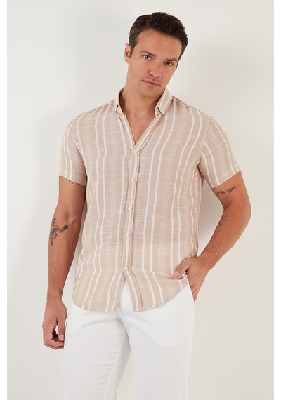 Buratti Çizgili Pamuklu Slim Fit Kısa Kollu Erkek Gömlek Cf23S116097 Taş