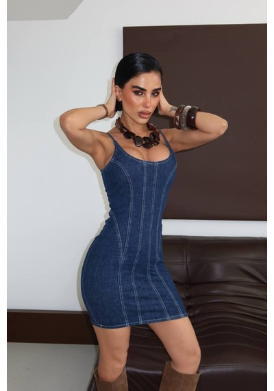Meecy Denim Likralı Tasarım Kot Elbise Lacivert Lacivert