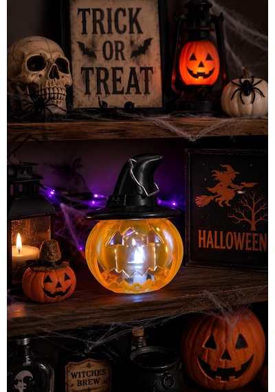 Cadı Şapkalı Led Işıklı Balkabağı Mini Fener 8 X 7 Cm Halloween Cadılar Bayramı Dekoru Tüm Yaşlar