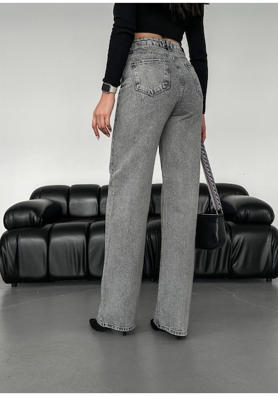 Wide-leg Geniş Paça Grey Snow Wash Denim Pantolon Gri