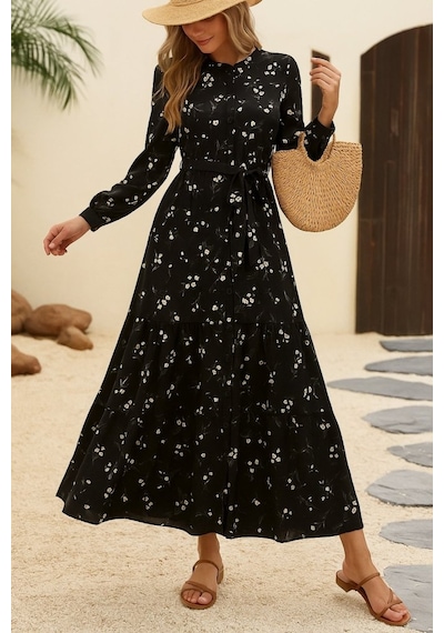 Moderie Butik Kadın Uzun Kollu Hakim Yakalı Düğmeli Kuşaklı Desenli Maxi Mikro Süprem Elbise Siyah Moderie Butik Kadın Uzun Kollu Hakim Yakalı Düğmeli Kuşaklı Desenli Maxi Mikro Süprem Elbise Siyah