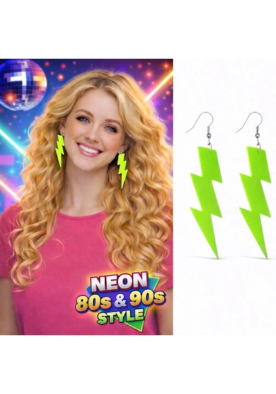 80 Ler 9039lar Retro Neon Yeşil Şimşek Küpe 10 Cm "