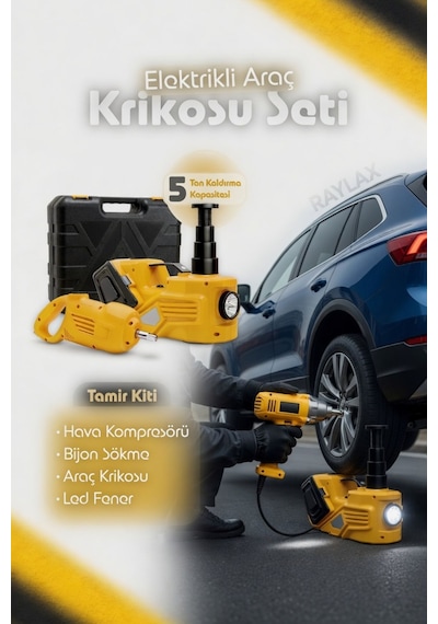 Araç Krikosu Elektrikli Seti 5 Ton Kaldırma Bijon Sökme Kompresör Fenerli Araç Tamir Kiti