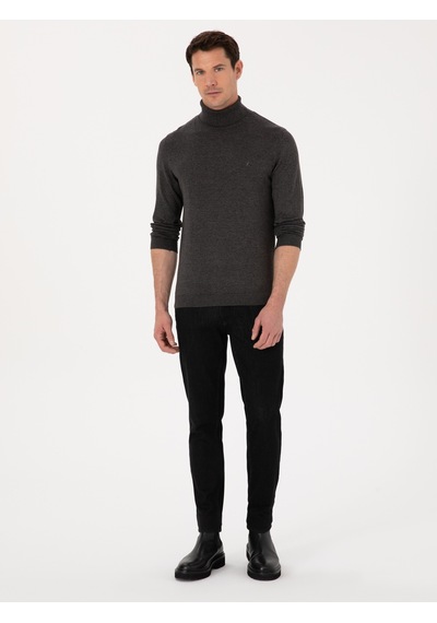 Cacharel Füme Slim Fit Pamuk Karışımlı Balıkçı Yaka Basic Triko Kazak Gri