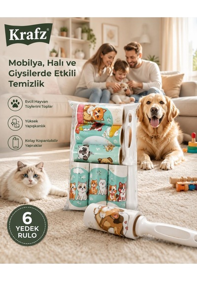Krafz Kedi Köpek Tüy Toplama Rulosu Seti 1 Ana Rulo + 5 Yedek Rulo, Evcil Hayvan Tüyü, Saç Ve Kıl Temizleme Diğer