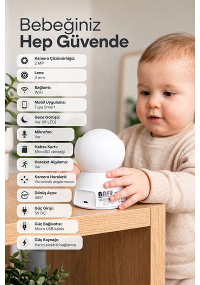 Smart-6202 1080p Full Hd Wifi Bebek Kamerası 2mp Gece Görüşlü Mikrofonlu Hareket Algılamalı Tuya Smart Akıllı Kamera Beyaz