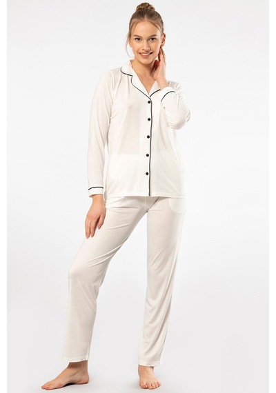 Türen 3365 Kadın Uzun Kollu Gömlek Yaka Pijama Takım-ekru Ekru