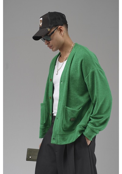 King-Brich Logo Detaylı Oversize Kalıp Erkek Hırka Yeşil
