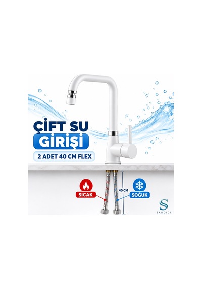 Sardıcı Beyaz Mutfak Evye Bataryası Pirinç Gövde Çift Su Girişli