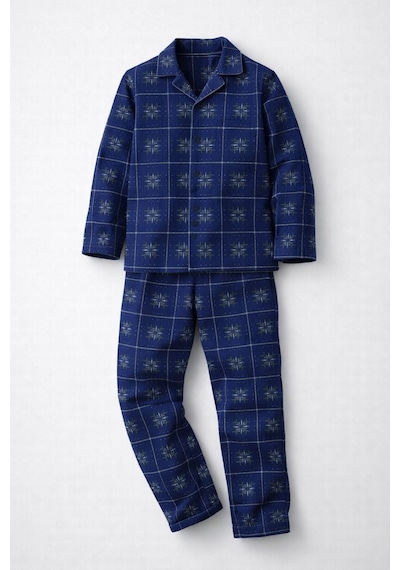 Free Beka Lacivert Ekose Desenli Uzun Kollu Gömlek Yaka Düğmeli Erkek Çocuk Pijama Takımı