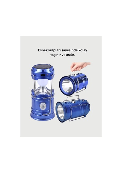 Şarj Edilebilir Güneş Enerjili Kızaklı Kamp Feneri Usb Çıkışlı, Katlanabilir, Dayanıklı Ve Çok Fonksiyonlu Mavi
