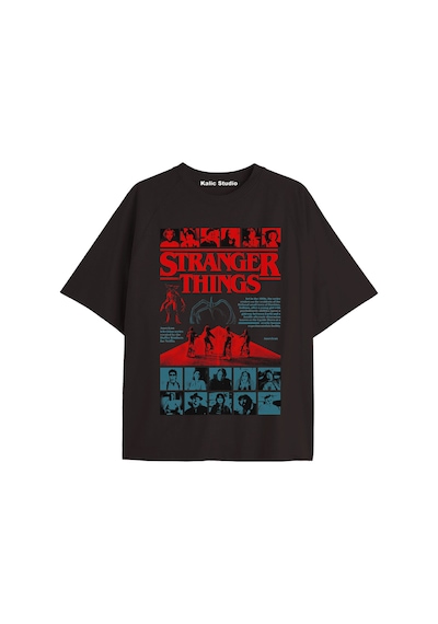 Stranger Things Baskılı Oversize Ünisex T-shirt Siyah Çok Renkli