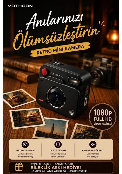 Nostaljik Tasarımı Retro Görünüm Kare Mini Foto Video Kamera 1080p Full Hd 32gb Kart li
