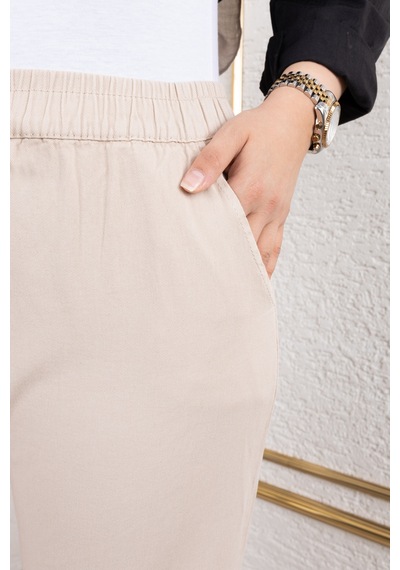 Nevayla Moda Beli Lastikli Keten Pantolon - Bej / A0104 Bej