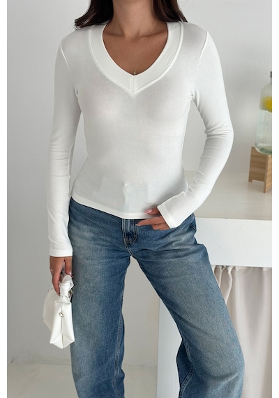 Noa & Noa Kadın Likralı V Yaka Uzun Kollu Bluz Esnek & Günlük Şıklık Beyaz