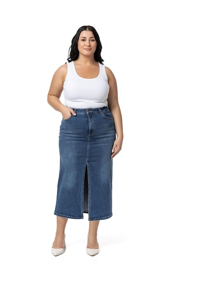 Disentis Büyük Beden Önden Yırtmaç Detaylı Beş Cepli Midi Denim Mavi Etek-mavi Mavi