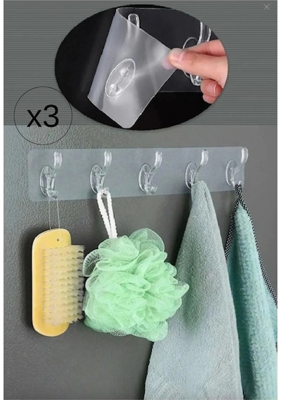 Şeffaf Yapışkanlı Askı 3 Adet 5'li Set Banyo, Mutfak Askısı Plastik Turuncu Diğer