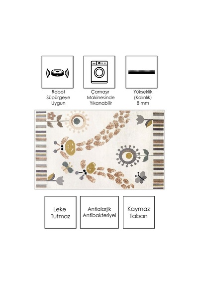 West Home Makinede Yıkanabilir Kaymaz Taban Leke Tutmaz Hayvan Figürlü Bebek Ve Çocuk Halısı Wh 571 Beige