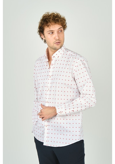 De Leone Erkek Slim Fit Uzun Kollu Desenli %100 Pamuk Gömlek 2043 Kırmızı Kırmızı