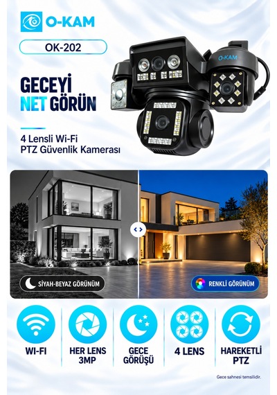 O-kam Ok-202 Plus Wifi 4 Lens Mikrofon + Hoparlör + Siren +