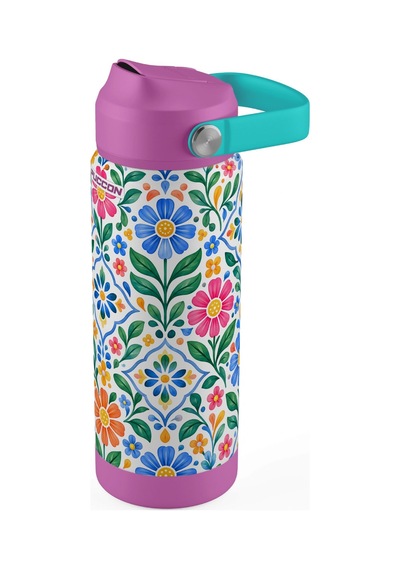 Puccon 540 Ml Çiçek Desenli Yeşil - Mor Kız Çocuk Pipetli Çelik Termos Matara/suluk - 60065