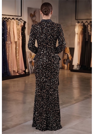 Dorne Moda Payetli Kemer Detaylı Uzun Kollu Balık Model Abiye Elbise Gümüş Gümüş