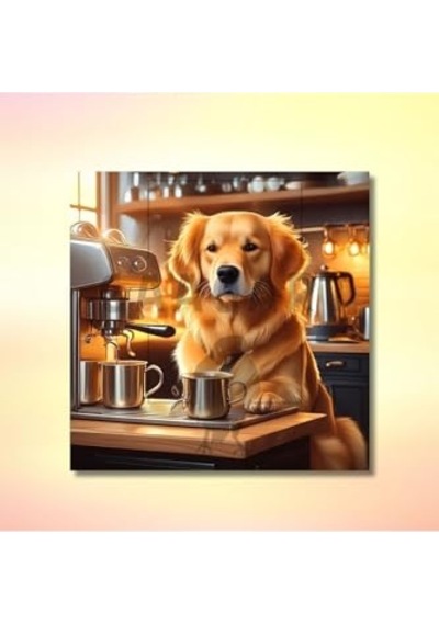 Kare Kanvas Kahve Köşesi Cafe Tablosu Barista Golden Retriever, 70 X 70 -
