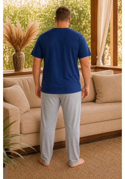 Nisanca Büyük Beden %100 Pamuk Erkek Pijama Takımı 3xl-6xl Rahat Kalıp Kısa Kollu Ev Giyim İndigo