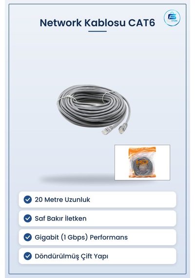 Network Kablosu Cat6 20m Ethernet İnternet Data Gigabit Rj45 Ev V