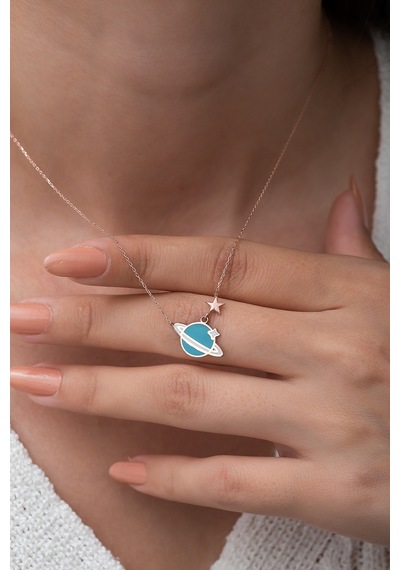 Papatya Silver Mini Gezegen Kolye Mavi Mine Dolgulu Rose Altın Kaplama 925 Ayar Gümüş UVPS100860
