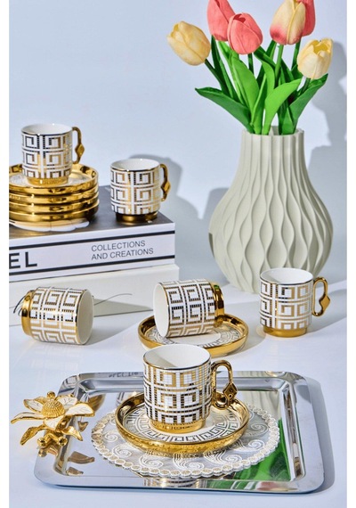 Valkyrie 12 Parça 6 Kişilik 80 Ml Geometrik Desenli Türk Kahvesi Fincan Takımı Gold K651-c